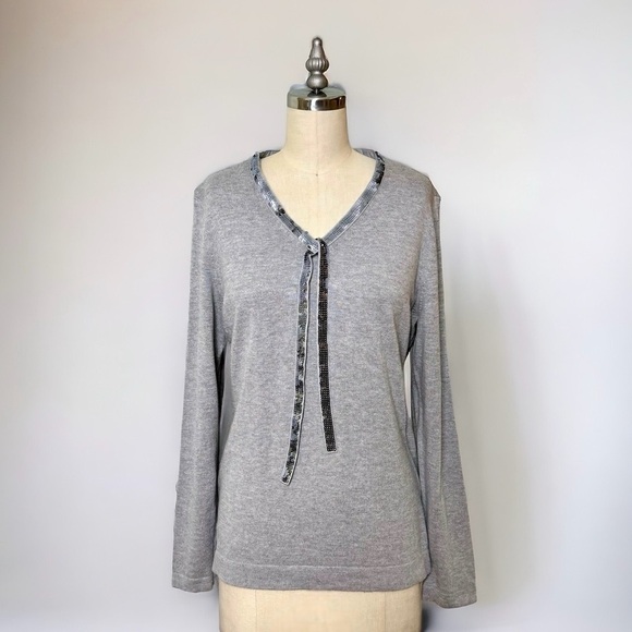 Talbots Grey V-Neck Sweater with Silver Sequin Ribbon Tie Bow Medium - Picture 1 of 9
